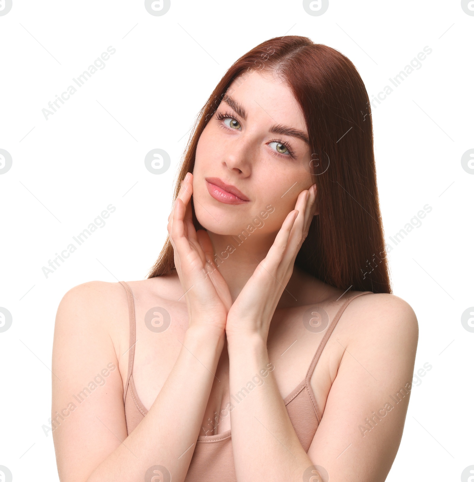 Photo of Portrait of beautiful woman on white background