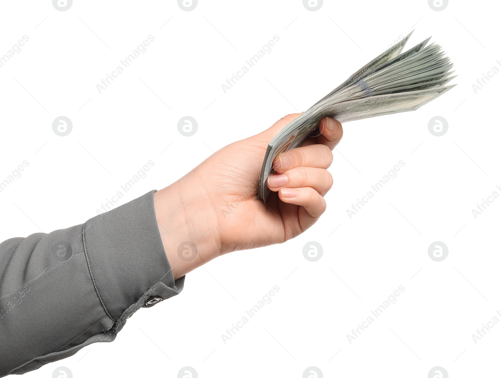 Photo of Money exchange. Woman holding dollar banknotes on white background, closeup