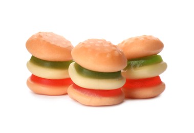 Photo of Tasty jelly candies in shape of burger on white background
