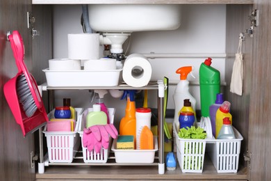 Open under sink cabinet with different cleaning supplies in kitchen