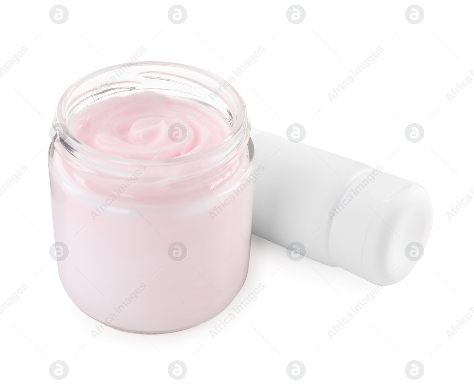 Photo of Jar and tube of hand cream on white background