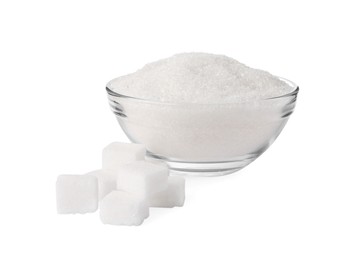 Photo of Granulated and cubed sugar with glass bowl on white background