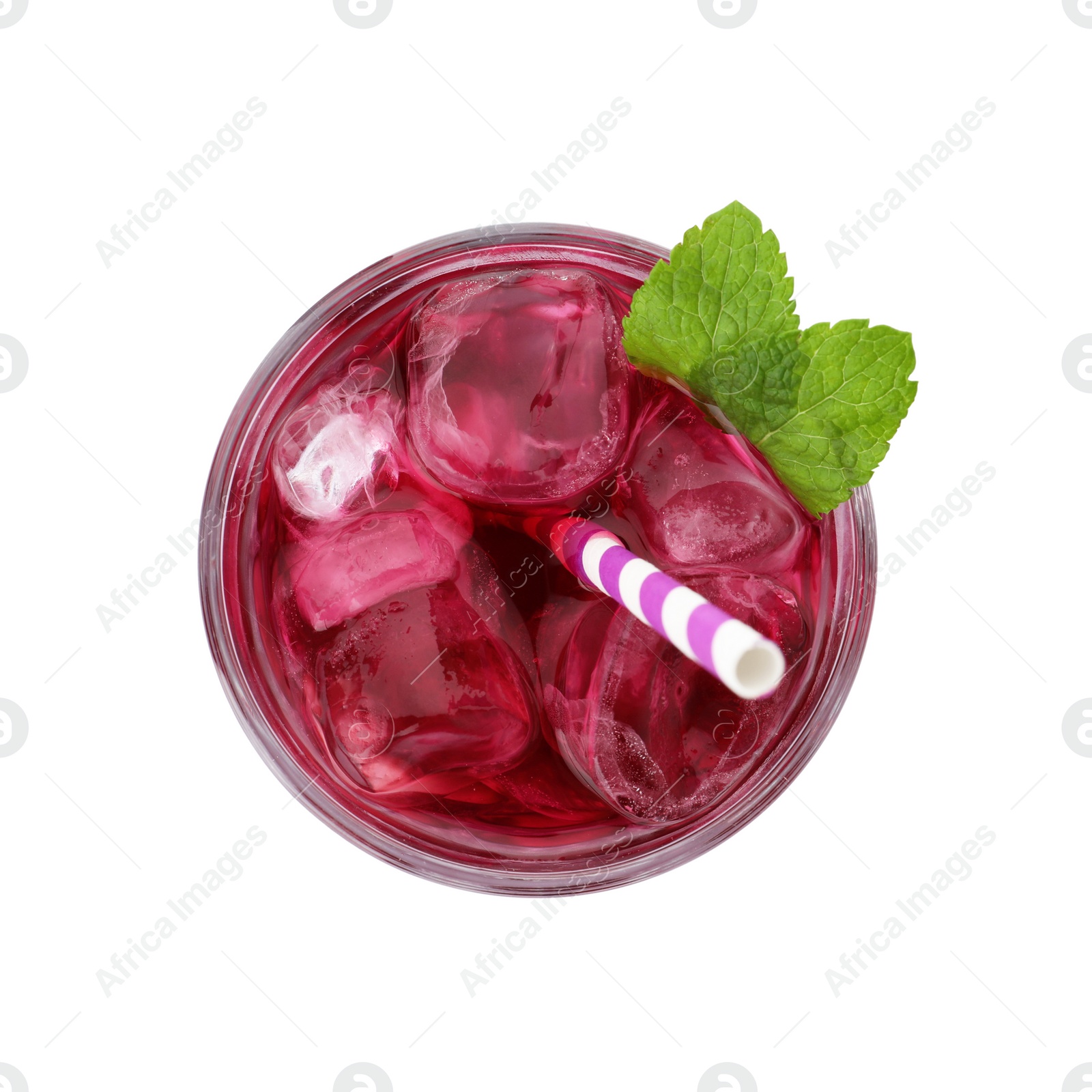 Photo of Delicious grape soda water isolated on white, top view. Refreshing drink