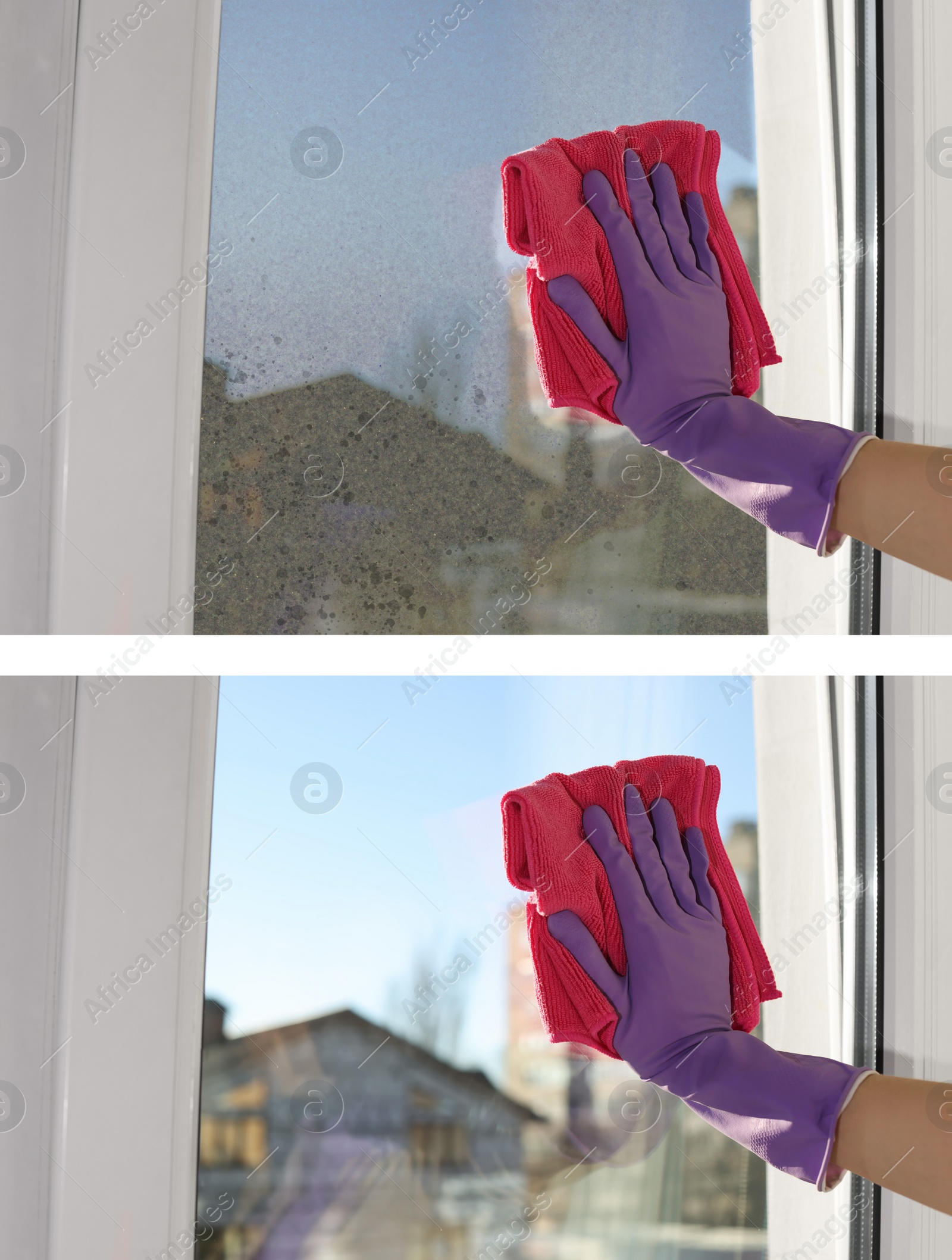 Image of Collage with photos of window before and after cleaning