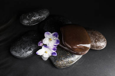 Photo of Stones and flowers in water on grey background. Zen lifestyle