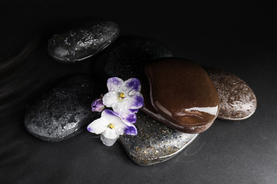 Stones and flowers in water on grey background. Zen lifestyle