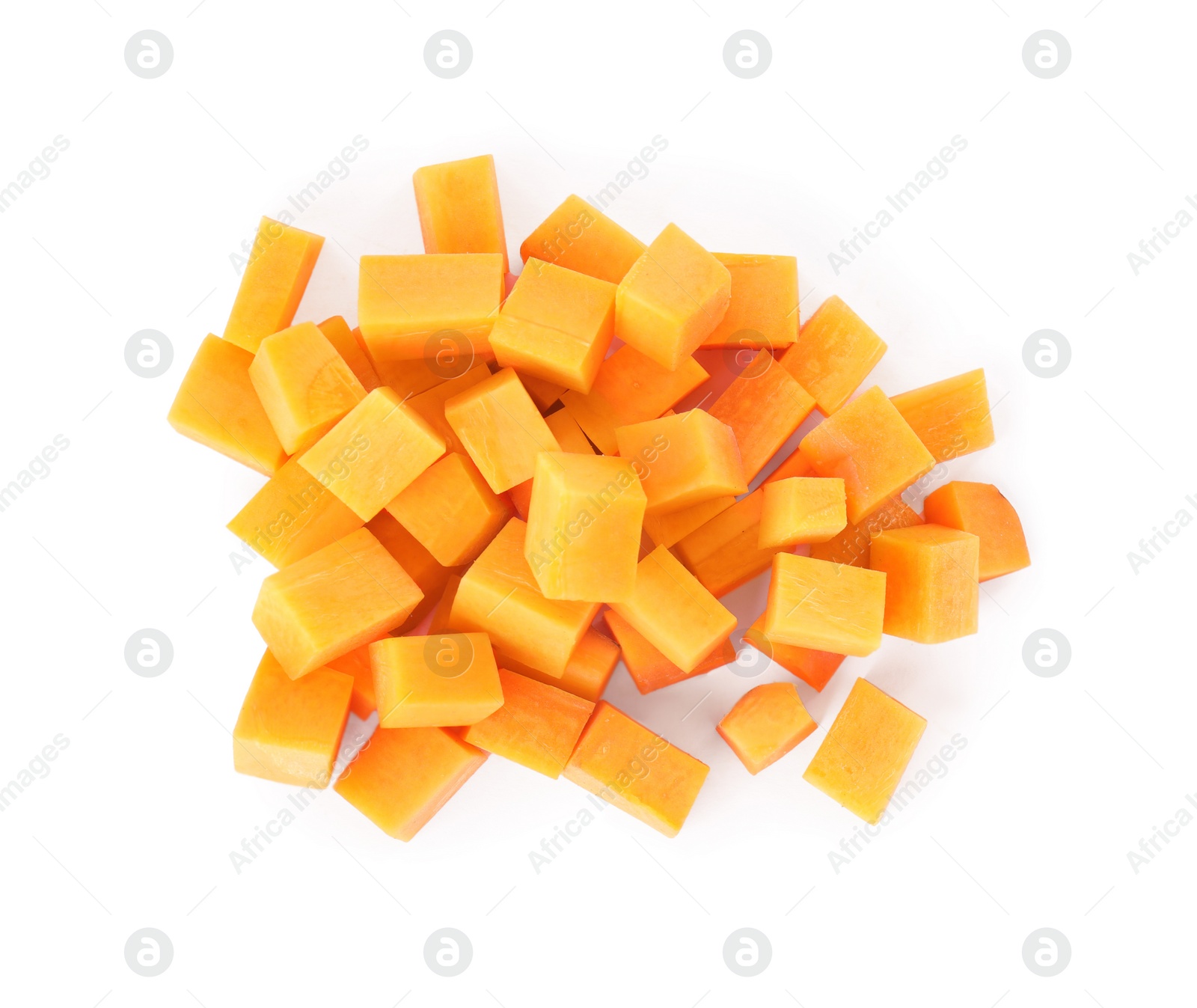 Photo of Cubes of fresh ripe carrot isolated on white, top view