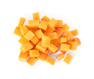 Cubes of fresh ripe carrot isolated on white, top view