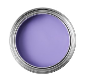 Photo of Can of lilac paint isolated on white, top view