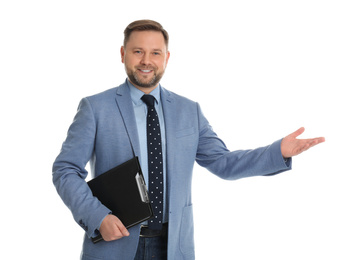 Photo of Real estate agent with clipboard on white background