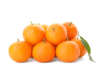 Heap of fresh ripe tangerines on white background