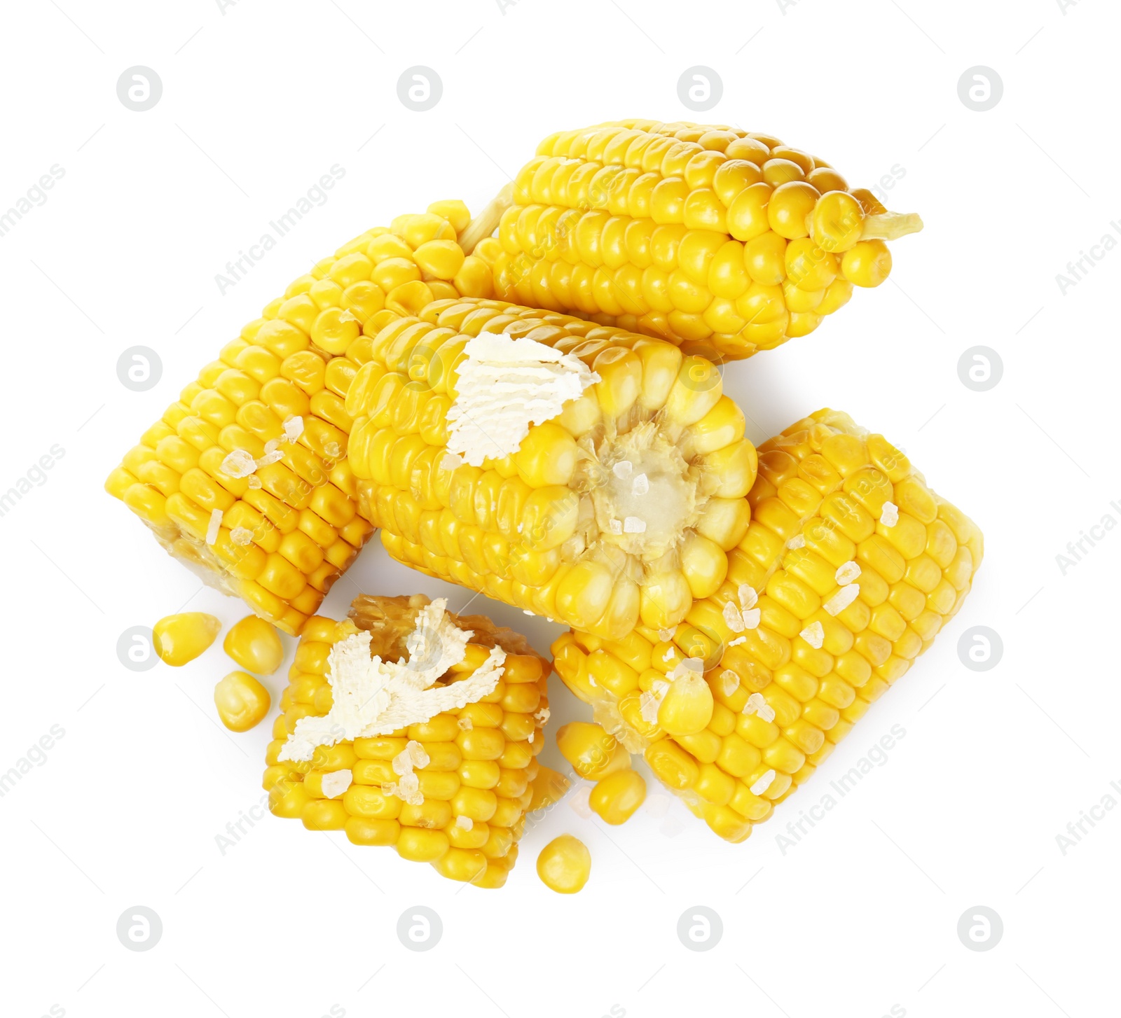 Photo of Tasty cooked corn cobs with butter on white background, top view