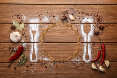 Beautiful flat lay composition with different spices, silhouettes of cutlery and plate on wooden background. Space for text