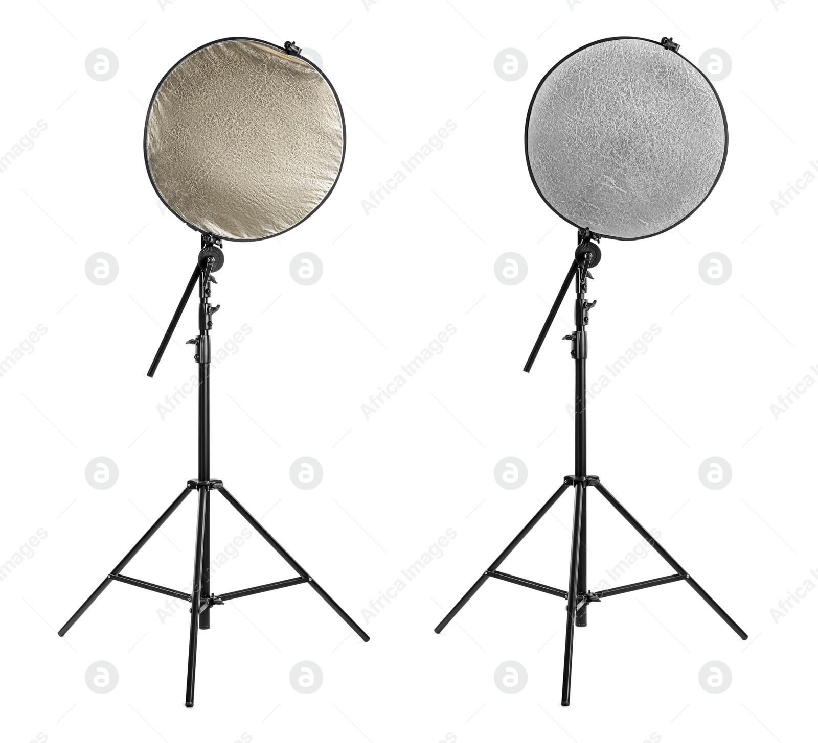 Image of Tripods with reflectors on white background. Professional photographer's equipment