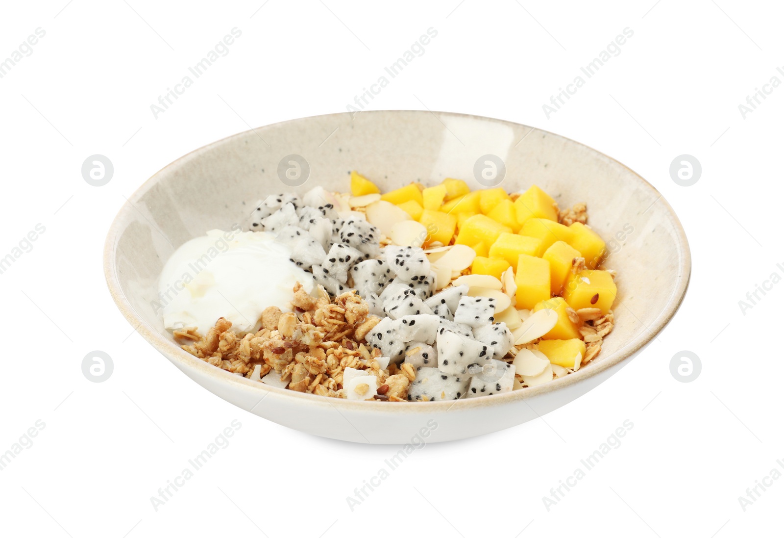 Photo of Bowl of granola with pitahaya, mango and yogurt isolated on white