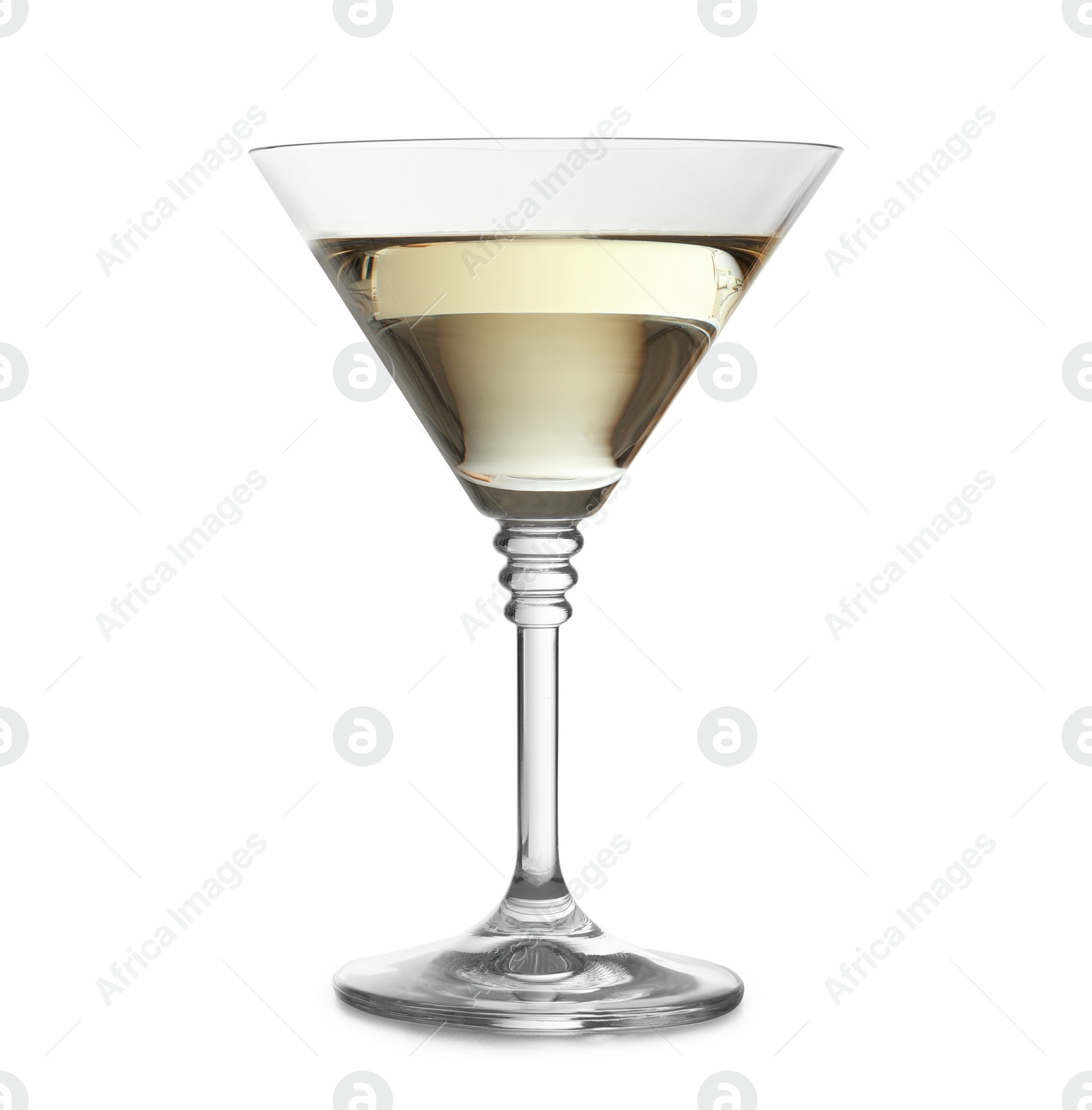 Photo of Glass of tasty martini on white background. Space for text