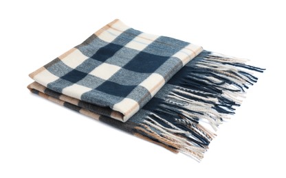 Photo of One beautiful checkered scarf on white background