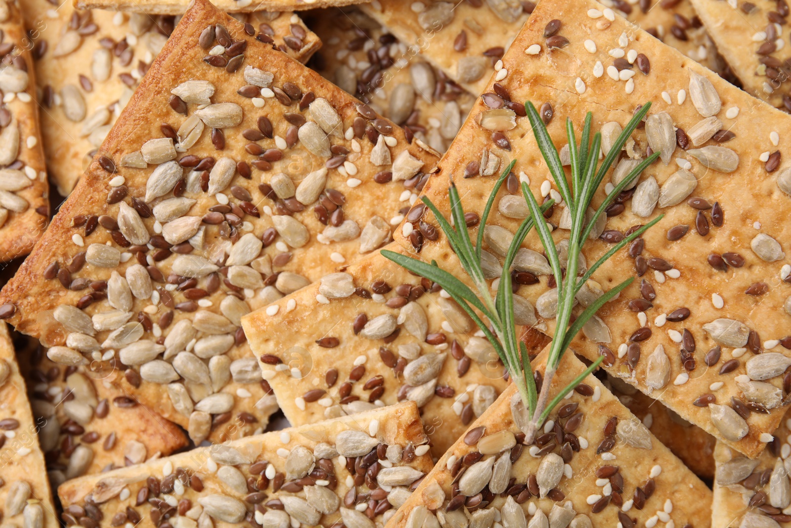 Photo of Rosemary on cereal crackers with flax, sunflower and sesame seeds, top view