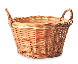 Photo of Wicker basket with handles isolated on white