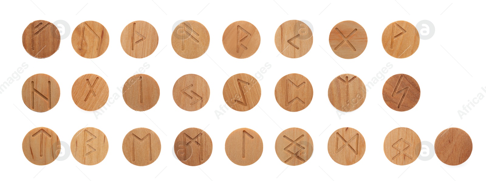 Image of Set of wooden runes on white background, top view. Divination tool