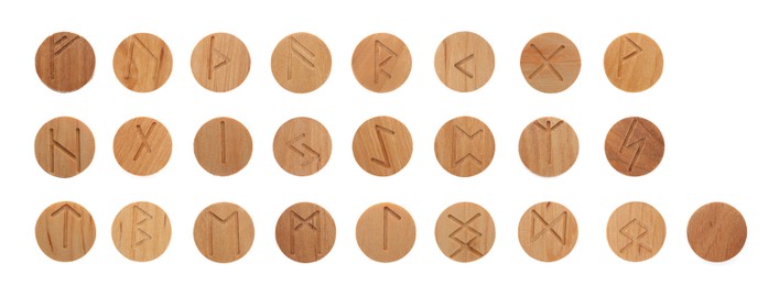 Image of Set of wooden runes on white background, top view. Divination tool