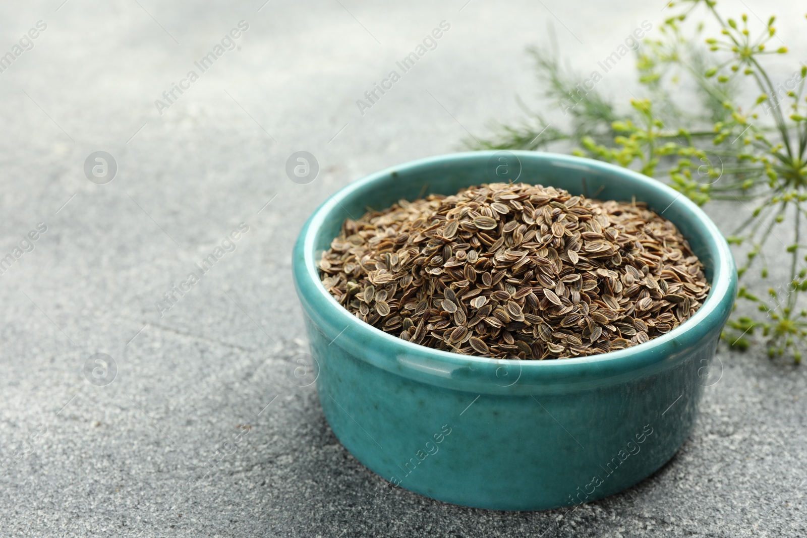 Photo of Bowl of dry seeds and fresh dill on grey table, closeup. Space for text