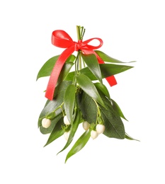 Photo of Mistletoe bunch with red bow isolated on white. Traditional Christmas decor
