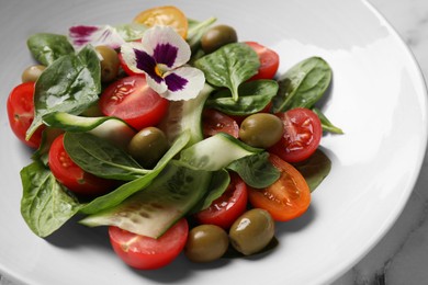 Delicious salad with vegetables and olives on table, closeup