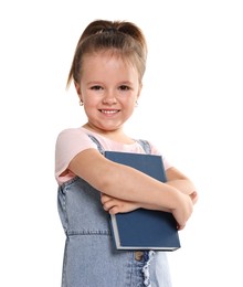 Photo of Cute little girl with book on white background