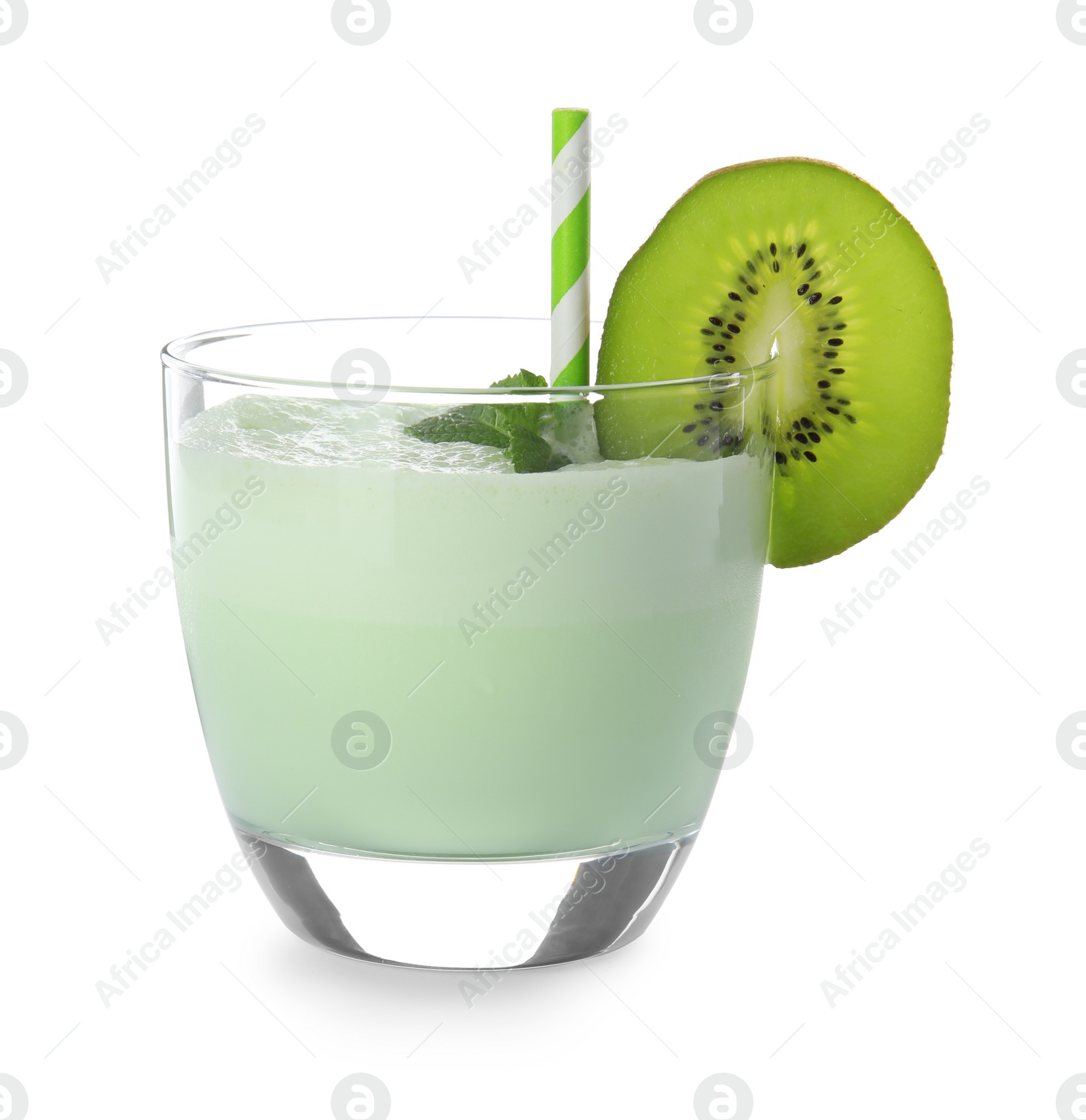 Photo of Glass of tasty milk shake on white background