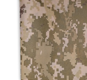 Photo of Camouflage fabric isolated on white, top view