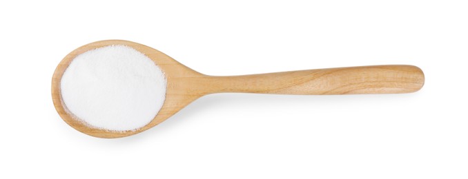 Photo of Baking soda in spoon isolated on white, top view
