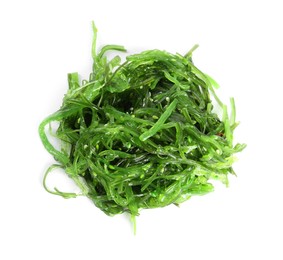 Photo of Delicious seaweed salad on white background, top view