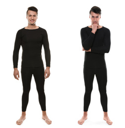 Collage of man wearing thermal underwear isolated on white