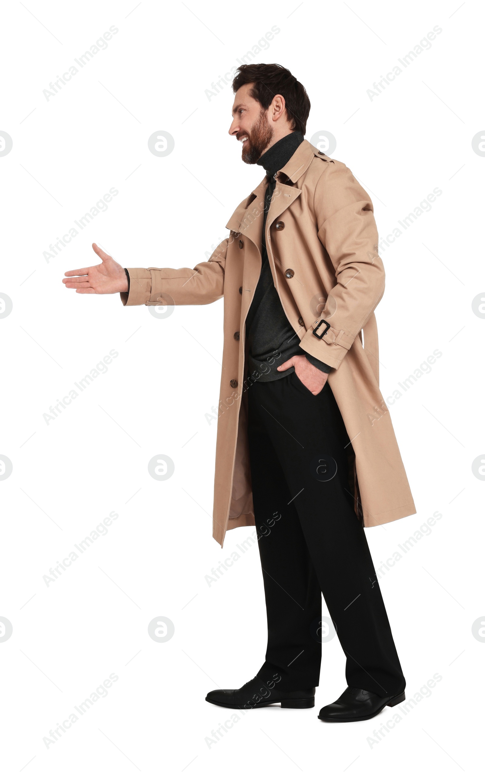 Photo of Handsome man greeting someone on white background