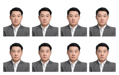 Image of Passport photo, collage. Man on white background, set of photos