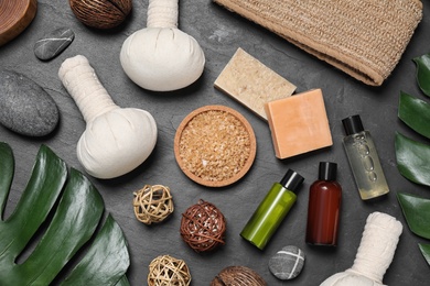 Photo of Flat lay composition with spa products on grey background