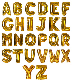 Image of Set with golden foil balloons in shape of letters on white background