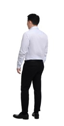 Photo of Businessman in formal clothes posing on white background, back view