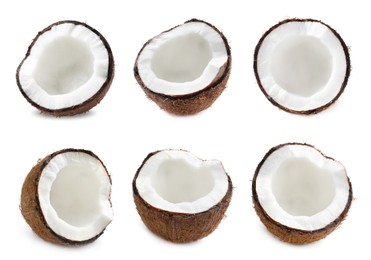 Image of Set with halves of fresh ripe coconuts on white background