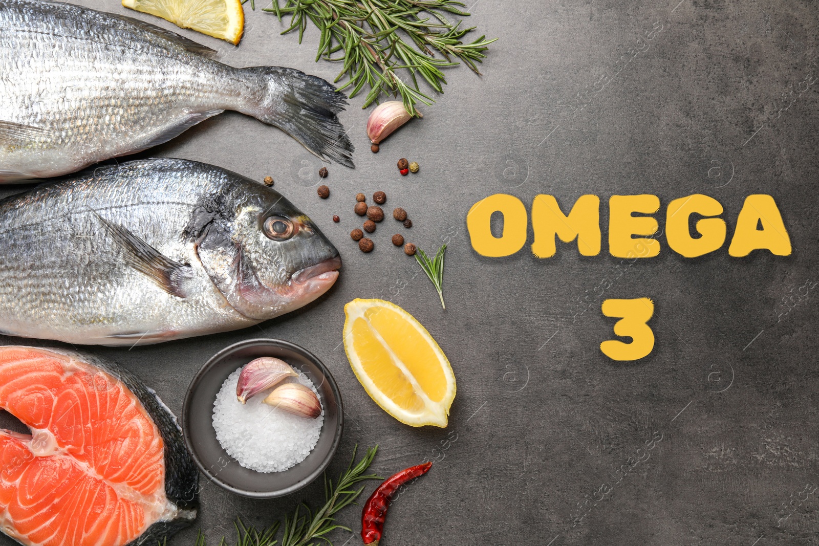 Image of Fresh fish rich in Omega 3 oils and spices on grey table, flat lay