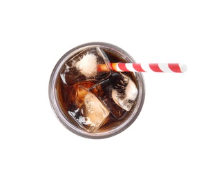 Photo of Glass of refreshing cola with ice on white background, top view
