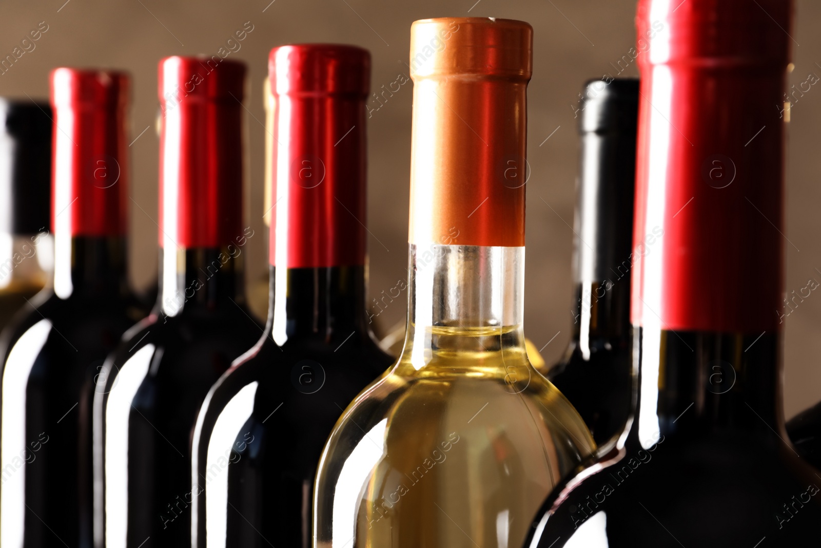 Photo of Bottles with delicious wine, closeup. Professional sommelier