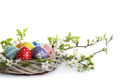 Photo of Painted Easter eggs in nest and blossoming branches on white background