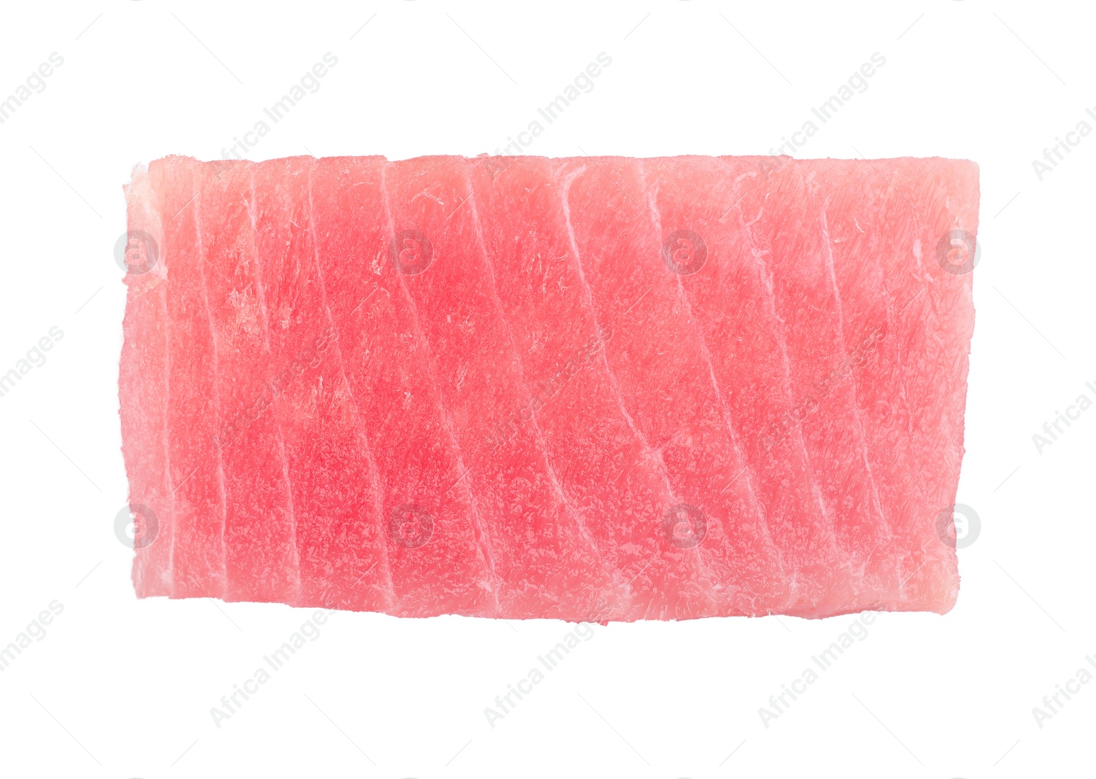 Photo of Tasty sashimi (piece of fresh raw tuna) isolated on white, top view