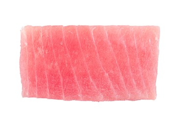 Photo of Tasty sashimi (piece of fresh raw tuna) isolated on white, top view