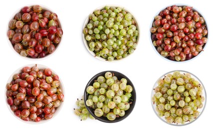 Set with bowls of fresh ripe gooseberries on white background, top view