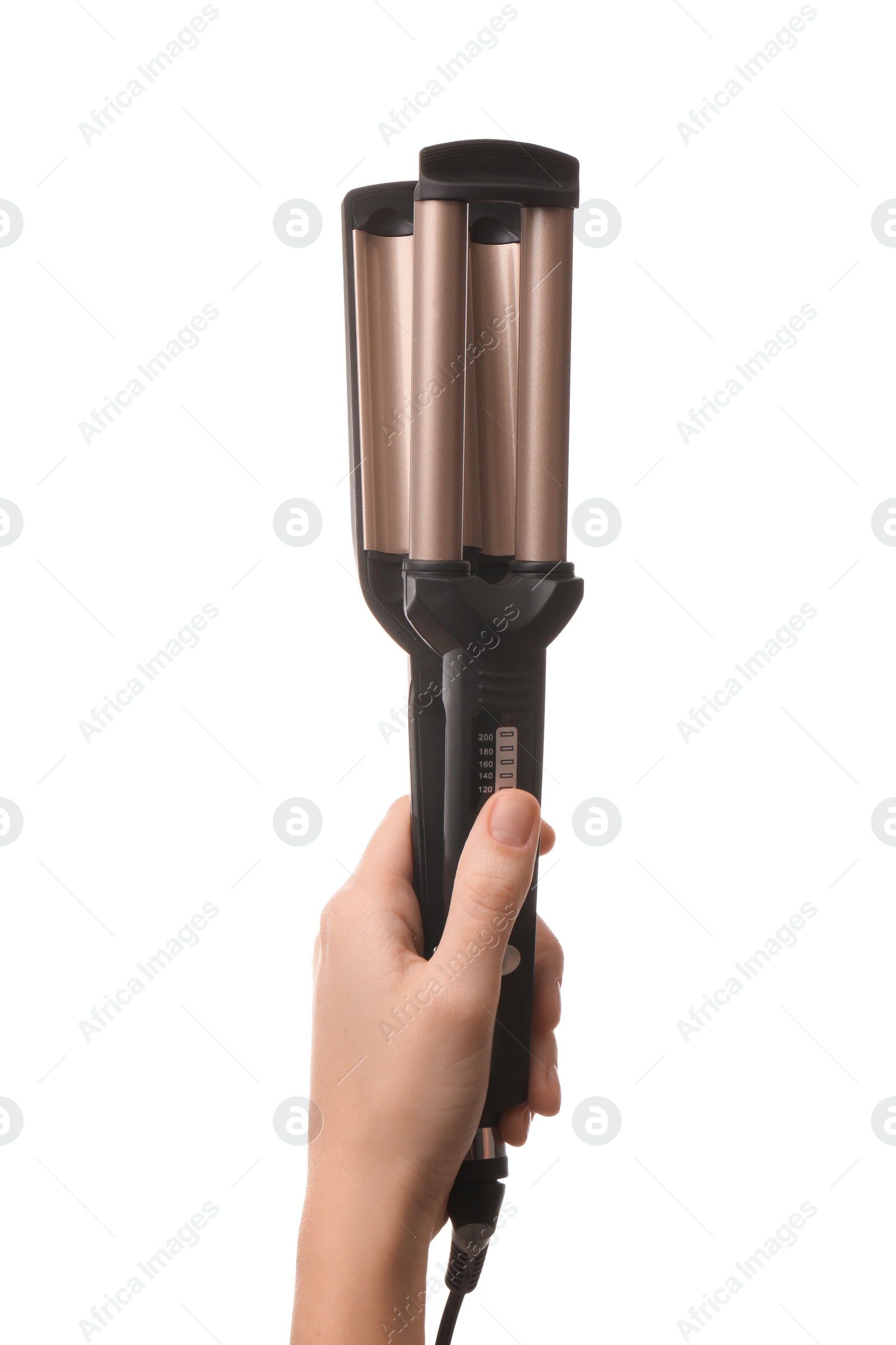 Photo of Woman holding modern triple curling iron on white background, closeup