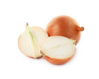 Whole and cut onion bulbs on white background