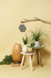 Decorative tables with candles and plants on beige background